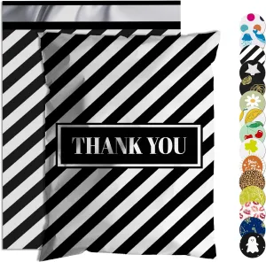 Thank You Poly Mailer 12x15.5 Inch 50 Pcs, Waterproof and Tear-Resistant Shipping Bags for Clothing, Black and White Striped Printed Packaging Bags for Small Business