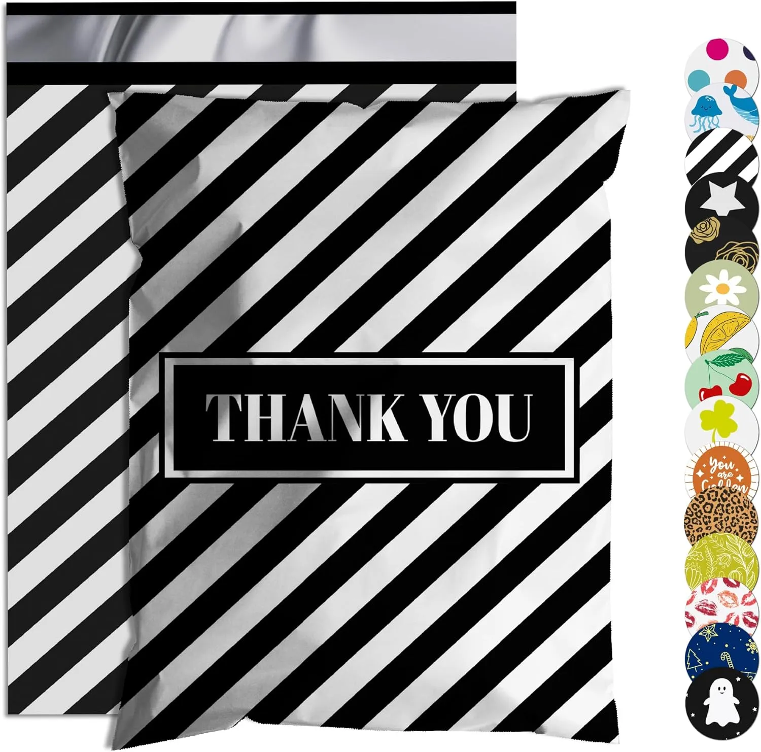Thank You Poly Mailer 12x15.5 Inch 50 Pcs, Waterproof and Tear-Resistant Shipping Bags for Clothing, Black and White Striped Printed Packaging Bags for Small Business