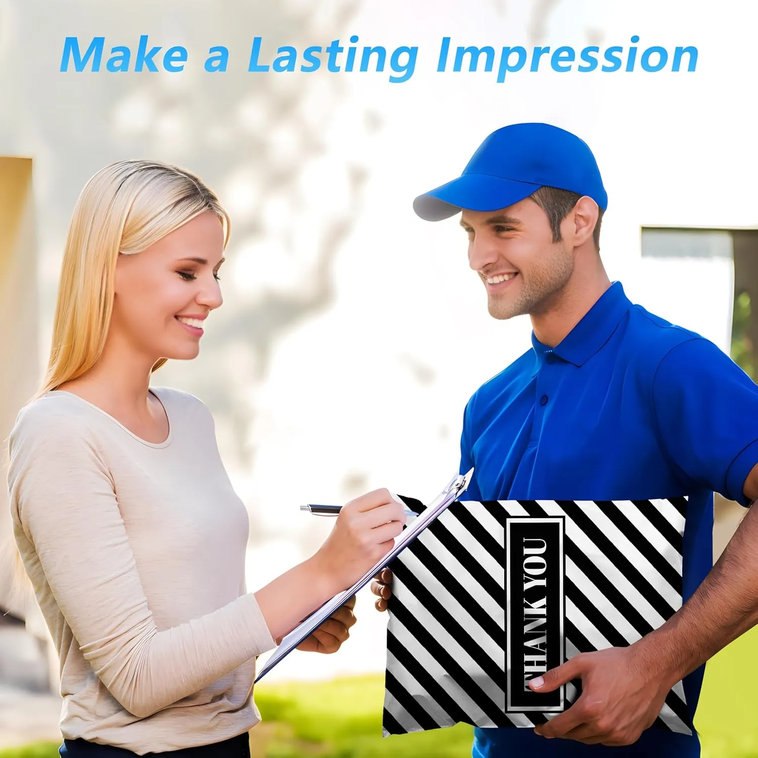 Thank You Poly Mailer 12x15.5 Inch 50 Pcs, Waterproof and Tear-Resistant Shipping Bags for Clothing, Black and White Striped Printed Packaging Bags for Small Business