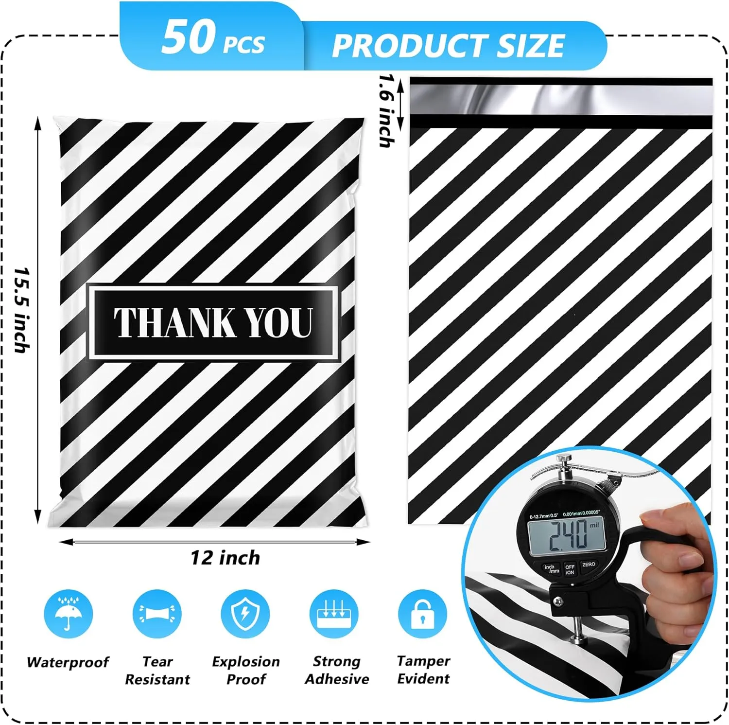 Thank You Poly Mailer 12x15.5 Inch 50 Pcs, Waterproof and Tear-Resistant Shipping Bags for Clothing, Black and White Striped Printed Packaging Bags for Small Business