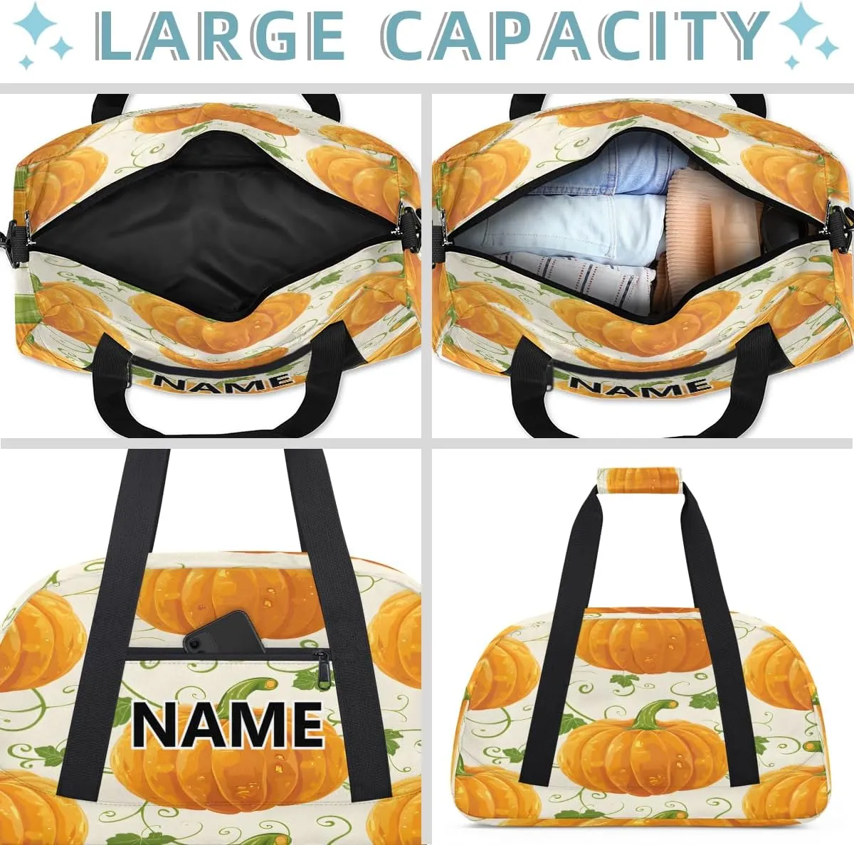Thanksgiving and Fall Mini Gym Bag 18 inch for Women Men Waterproof Custom Autumn Pumpkin Travel Duffel Bag Carry On Overnight Tote Nurse Bag for Work Fitness Hiking