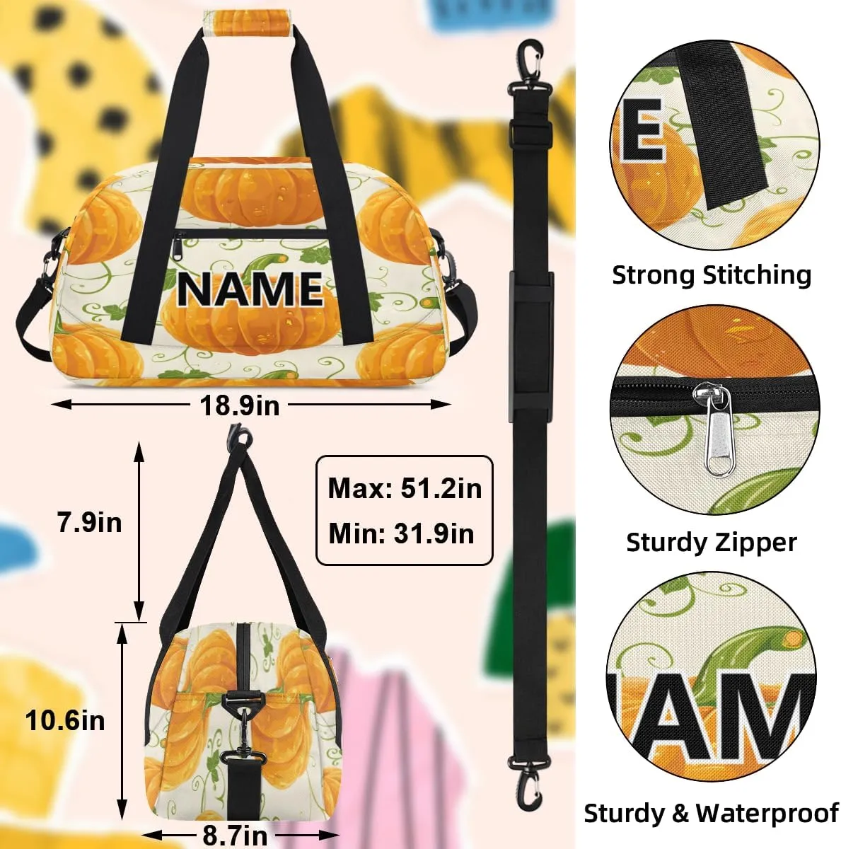 Thanksgiving and Fall Mini Gym Bag 18 inch for Women Men Waterproof Custom Autumn Pumpkin Travel Duffel Bag Carry On Overnight Tote Nurse Bag for Work Fitness Hiking