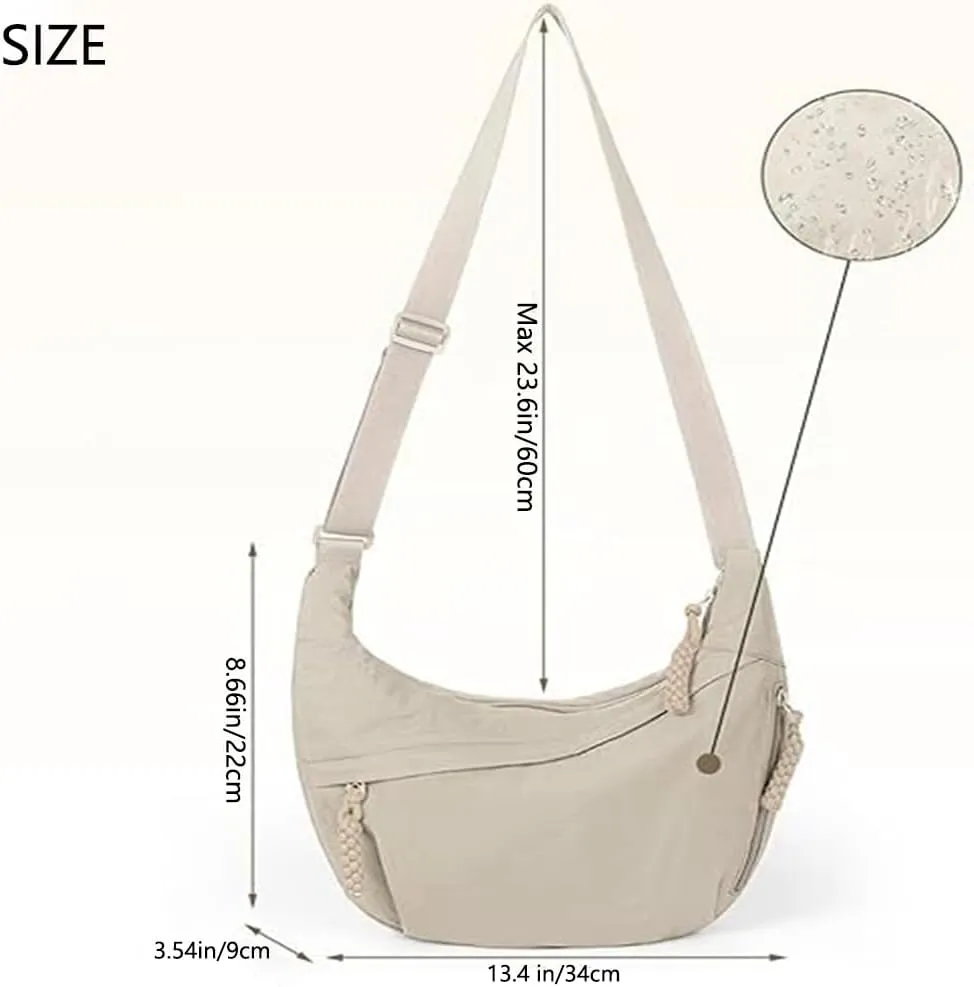 Thepinkgalaxy Women's Fashion Plain Color Nylon Crossbody Hobo Bag, Cute Multi Pocket Sling Crescent Travel Size Purse