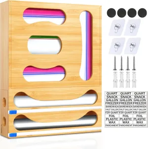 Thicker Bag Storage Organizer, Bamboo Baggie Holder With Aluminum Foil Dispenser, Foil and Plastic Wrap Holder With Cutter, 6 in 1 Sandwich Bag Storage for Drawer Kitchen