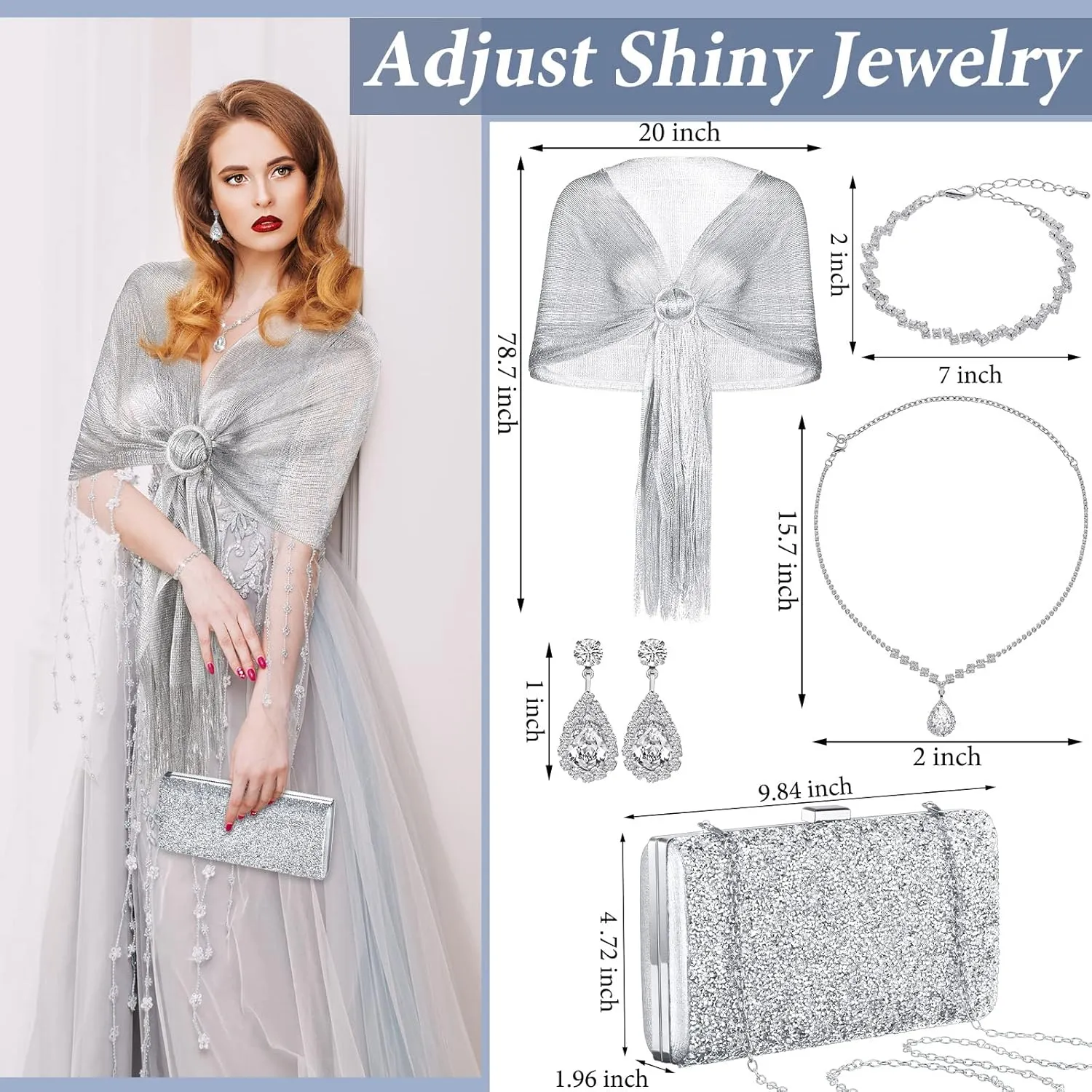 Tiamon 5 Pcs Rhinestone Jewelry Sets Shawls and Wraps Formal Clutch Purses for Women Evening Dresses Weddings