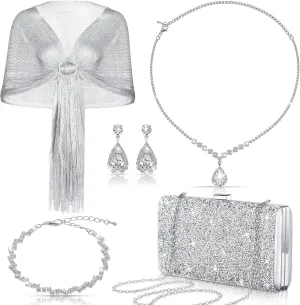 Tiamon 5 Pcs Rhinestone Jewelry Sets Shawls and Wraps Formal Clutch Purses for Women Evening Dresses Weddings