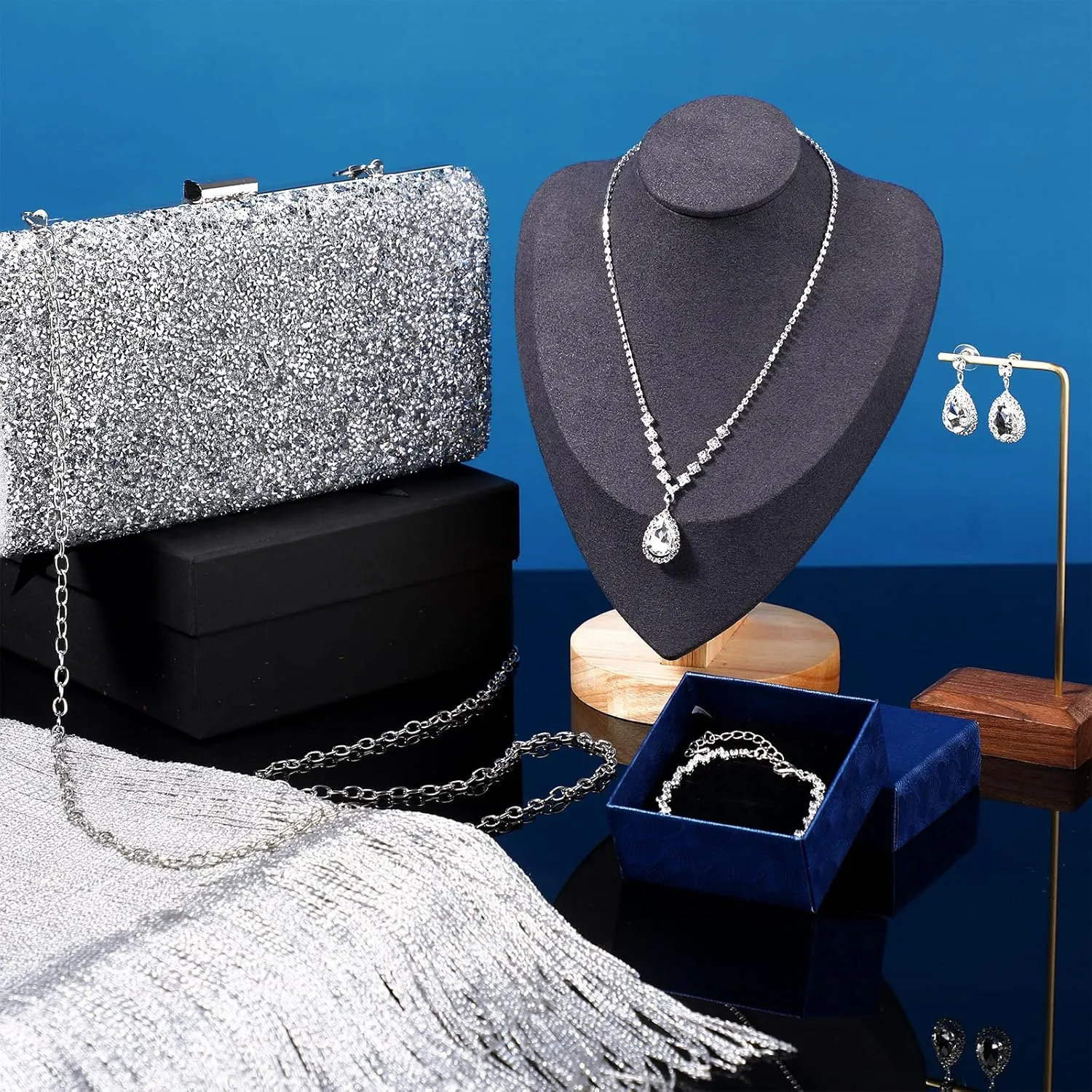 Tiamon 5 Pcs Rhinestone Jewelry Sets Shawls and Wraps Formal Clutch Purses for Women Evening Dresses Weddings