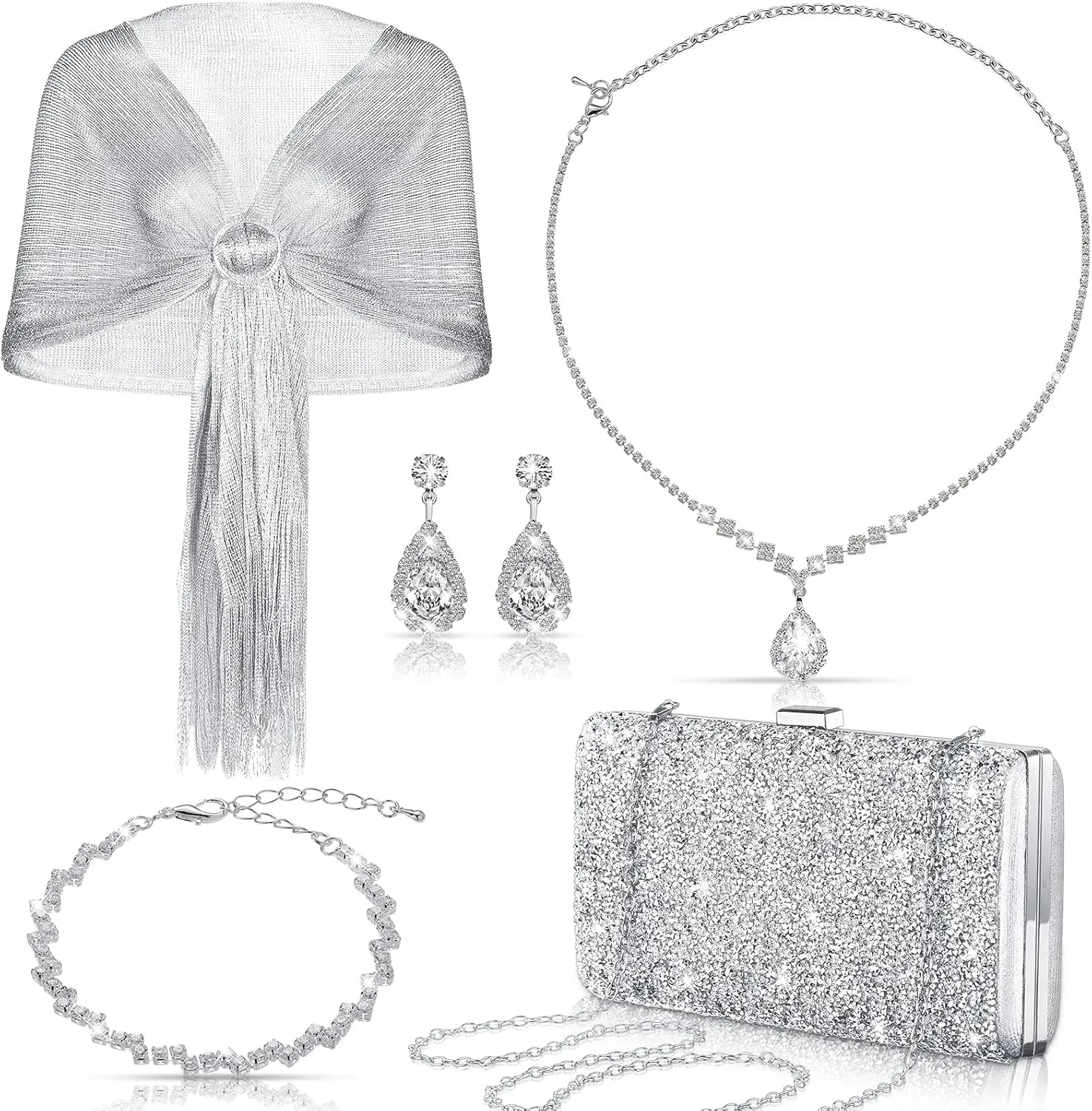 Tiamon 5 Pcs Rhinestone Jewelry Sets Shawls and Wraps Formal Clutch Purses for Women Evening Dresses Weddings