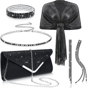 Tiamon 5 Pcs Rhinestone Jewelry Sets Shawls and Wraps Formal Clutch Purses for Women Evening Dresses Weddings