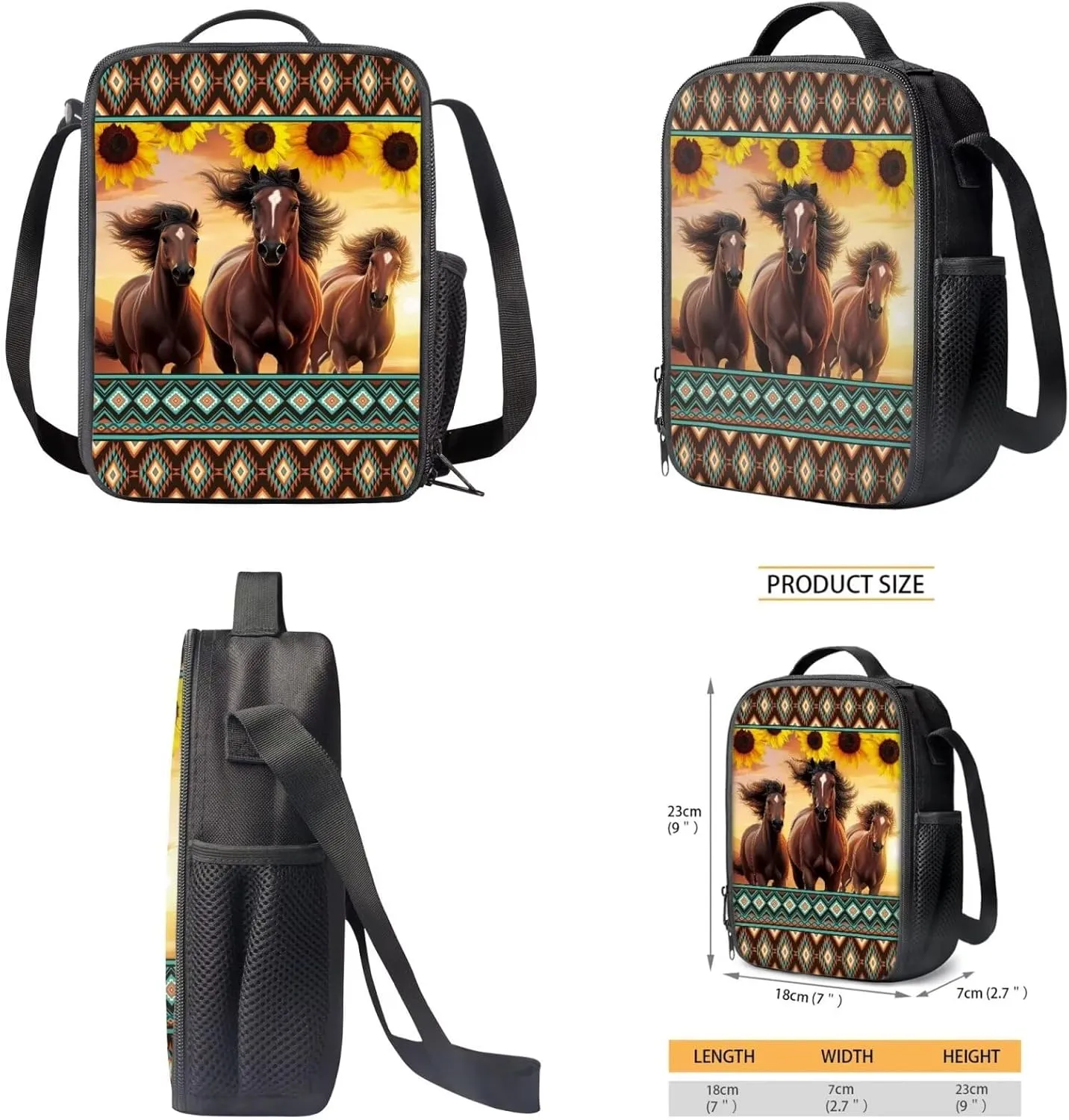 TOADDITDO Aztec Horse High School Backpacks for Teen Girls 4-in-1 Schoolbag Set with Lunch Box Pencil Case Water Bottle Holder 14-16 Kids Large Book Bags Sunflower Travel Rucksack Laptop Backpacks