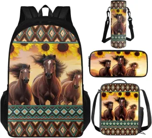 TOADDITDO Aztec Horse High School Backpacks for Teen Girls 4-in-1 Schoolbag Set with Lunch Box Pencil Case Water Bottle Holder 14-16 Kids Large Book Bags Sunflower Travel Rucksack Laptop Backpacks
