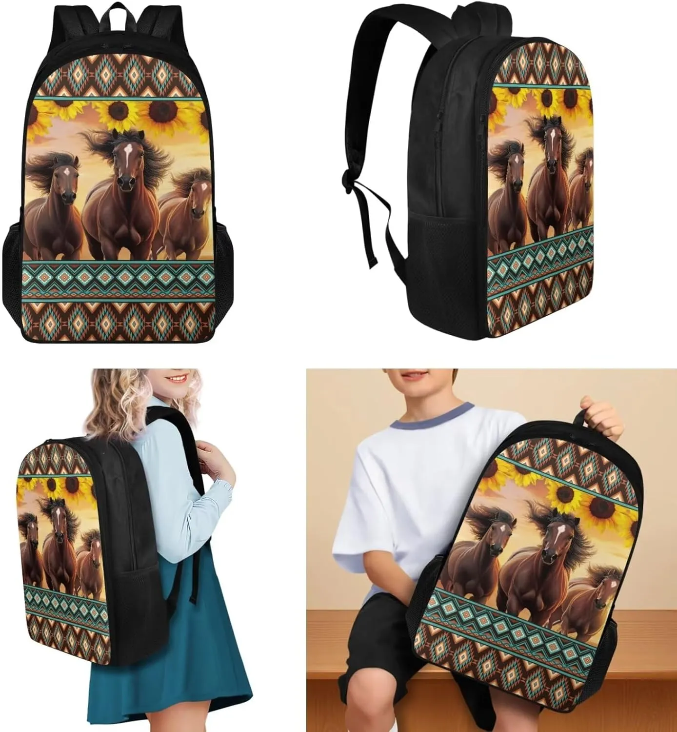 TOADDITDO Aztec Horse High School Backpacks for Teen Girls 4-in-1 Schoolbag Set with Lunch Box Pencil Case Water Bottle Holder 14-16 Kids Large Book Bags Sunflower Travel Rucksack Laptop Backpacks