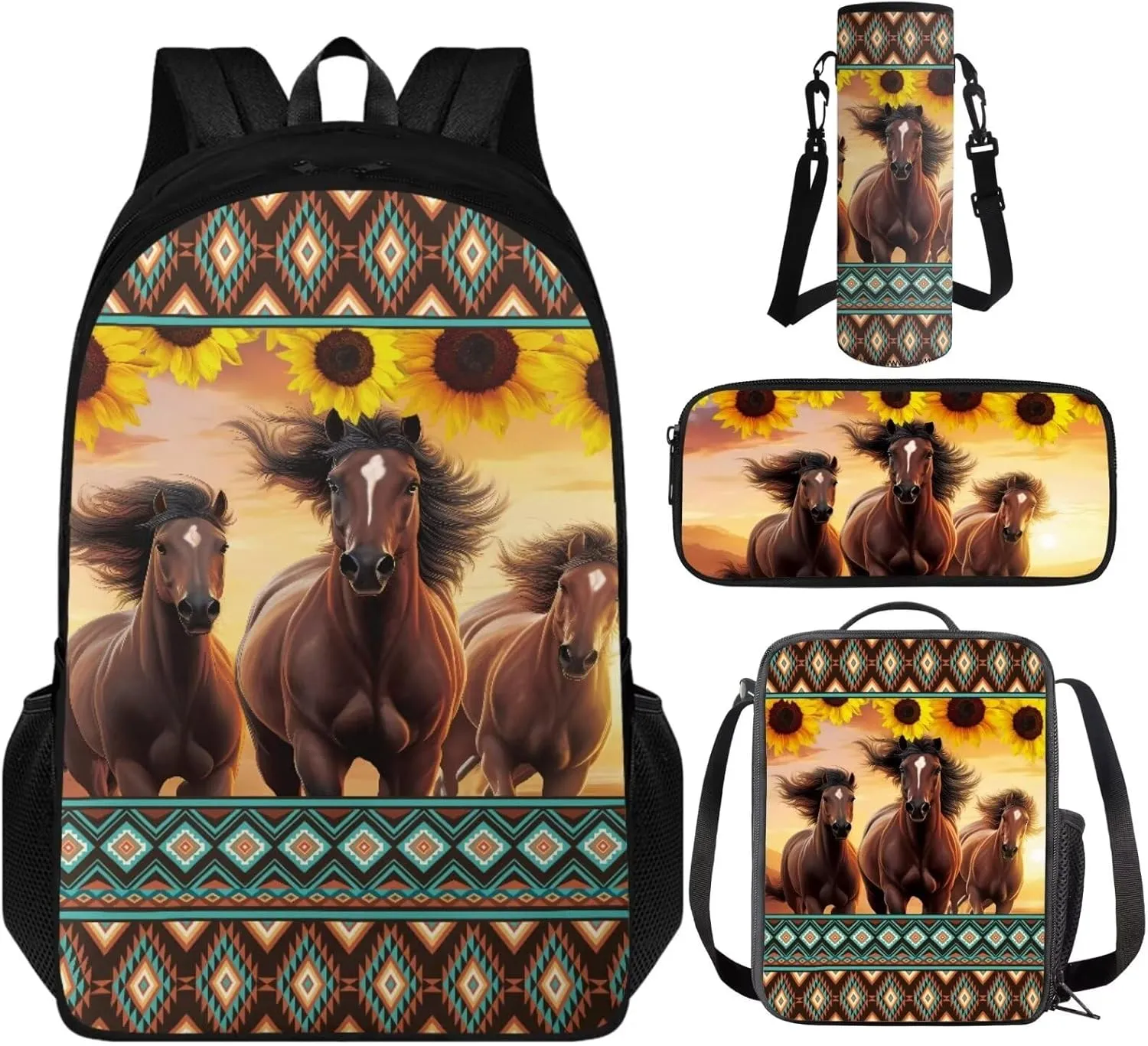 TOADDITDO Aztec Horse High School Backpacks for Teen Girls 4-in-1 Schoolbag Set with Lunch Box Pencil Case Water Bottle Holder 14-16 Kids Large Book Bags Sunflower Travel Rucksack Laptop Backpacks