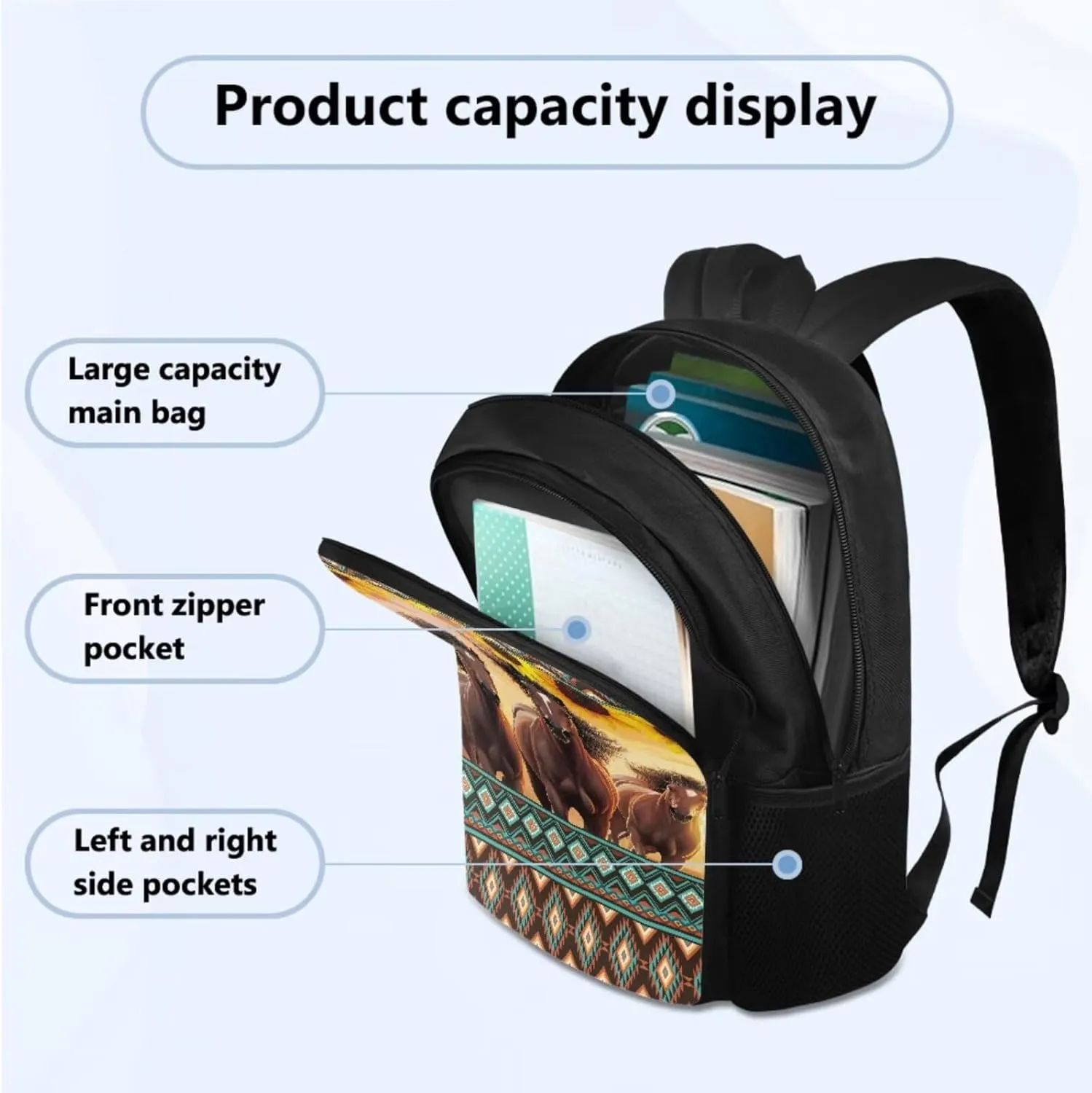TOADDITDO Aztec Horse High School Backpacks for Teen Girls 4-in-1 Schoolbag Set with Lunch Box Pencil Case Water Bottle Holder 14-16 Kids Large Book Bags Sunflower Travel Rucksack Laptop Backpacks