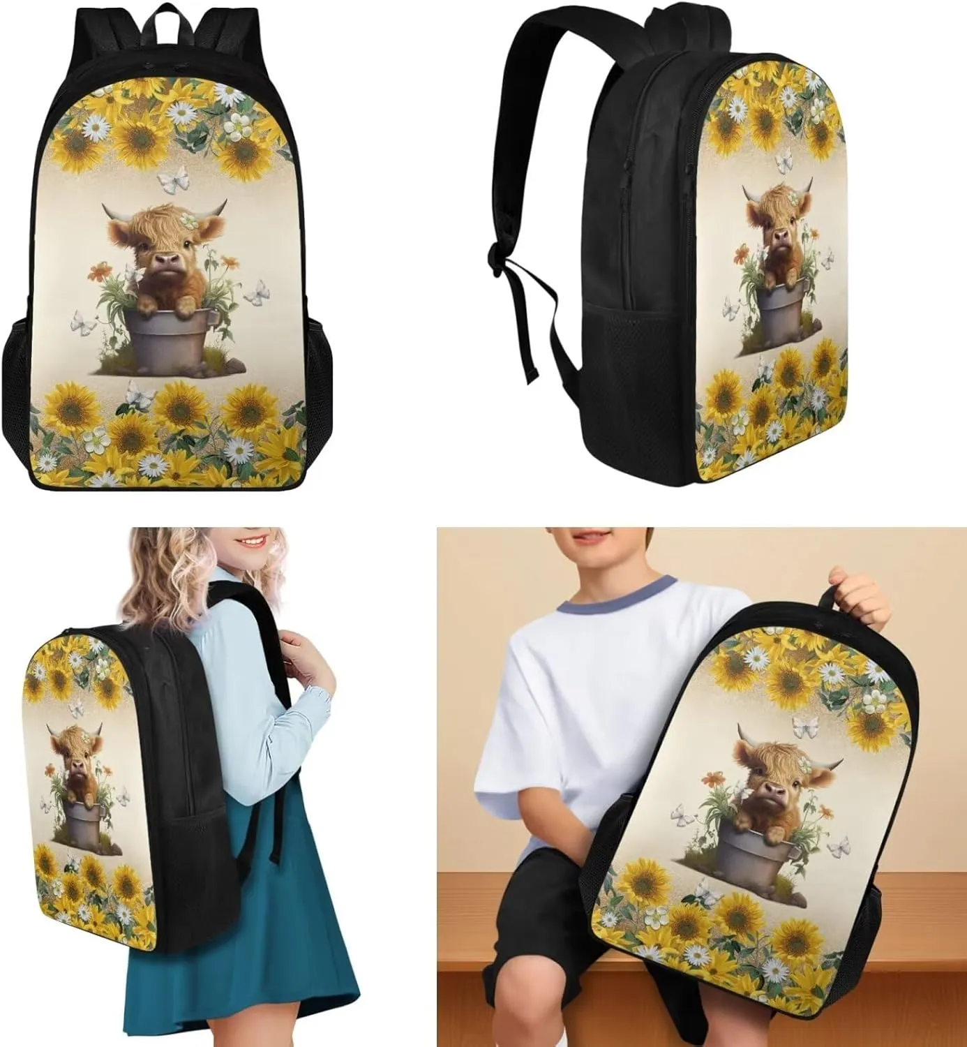 TOADDITDO Highland Cow Teen Backpacks for Girls Middle School Trendy Schoolbag Set with Lunch Box Water Bottle Sleeve Pencil Case 12-14 Kids Large Book Bags Sunflower Student Camping Backpacks Daypack