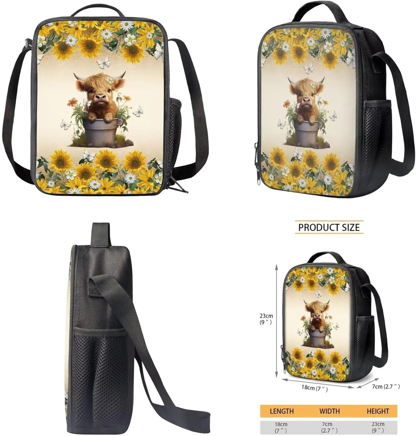 TOADDITDO Highland Cow Teen Backpacks for Girls Middle School Trendy Schoolbag Set with Lunch Box Water Bottle Sleeve Pencil Case 12-14 Kids Large Book Bags Sunflower Student Camping Backpacks Daypack