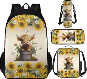 TOADDITDO Highland Cow Teen Backpacks for Girls Middle School Trendy Schoolbag Set with Lunch Box Water Bottle Sleeve Pencil Case 12-14 Kids Large Book Bags Sunflower Student Camping Backpacks Daypack