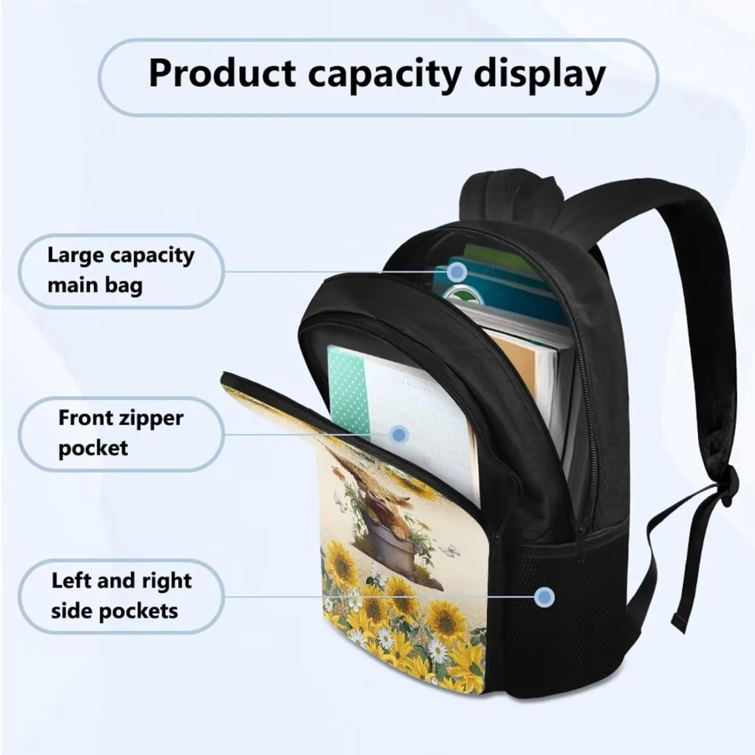 TOADDITDO Highland Cow Teen Backpacks for Girls Middle School Trendy Schoolbag Set with Lunch Box Water Bottle Sleeve Pencil Case 12-14 Kids Large Book Bags Sunflower Student Camping Backpacks Daypack