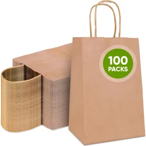Tobvory Brown Paper Bags, 100pcs 5.25x3.75x8 Inches, Kraft With Handles, Recycled Gift Bags, Ideal For Shopping