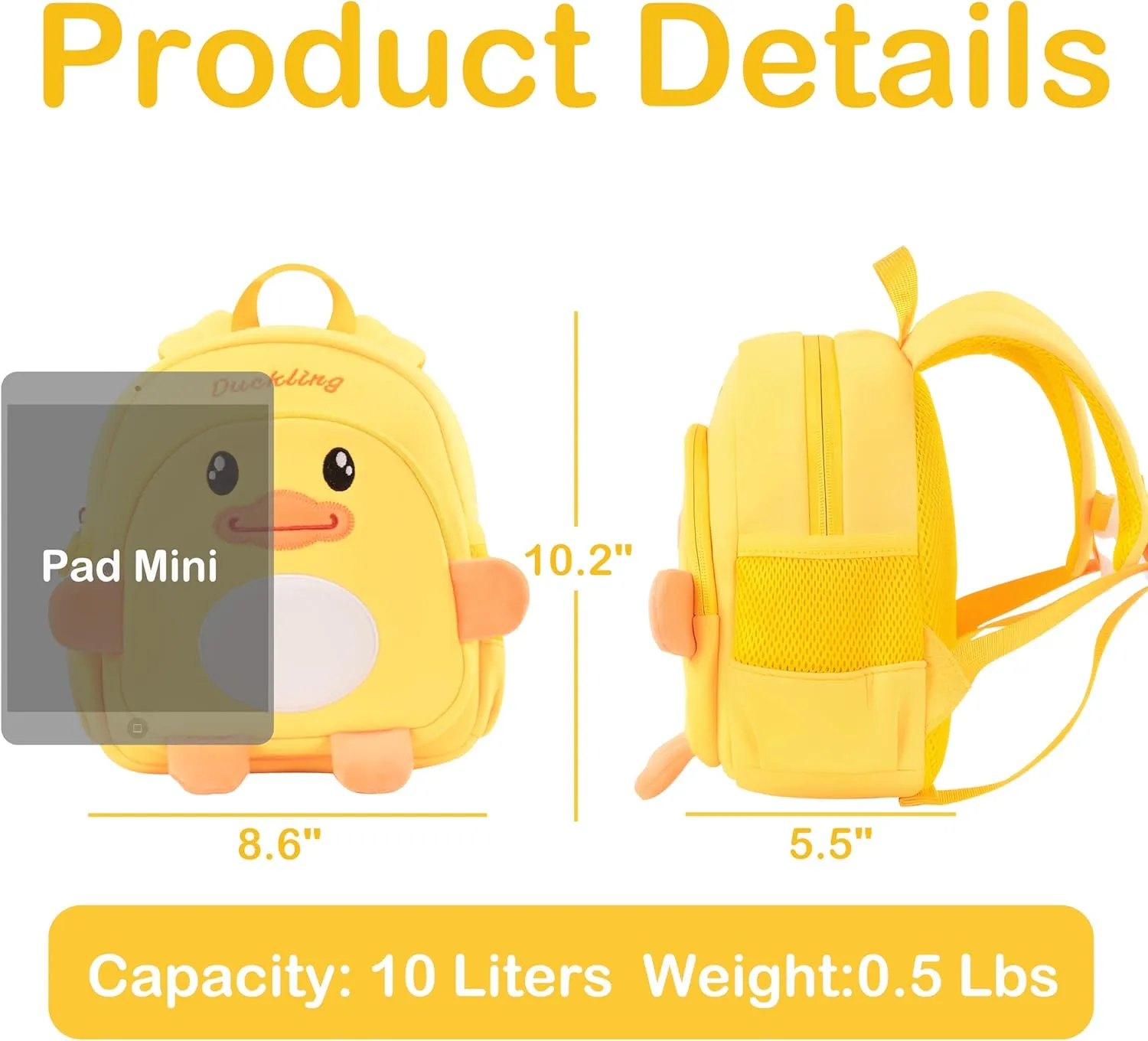 Toddler Backpacks for Boys Girls 2-4 Cute 3D Kids Duck Schoolbag with Baby Leash for Small Preschool Kindergarten Bookbag Cartoon Mini Travel Bags 10inch (Yellow)