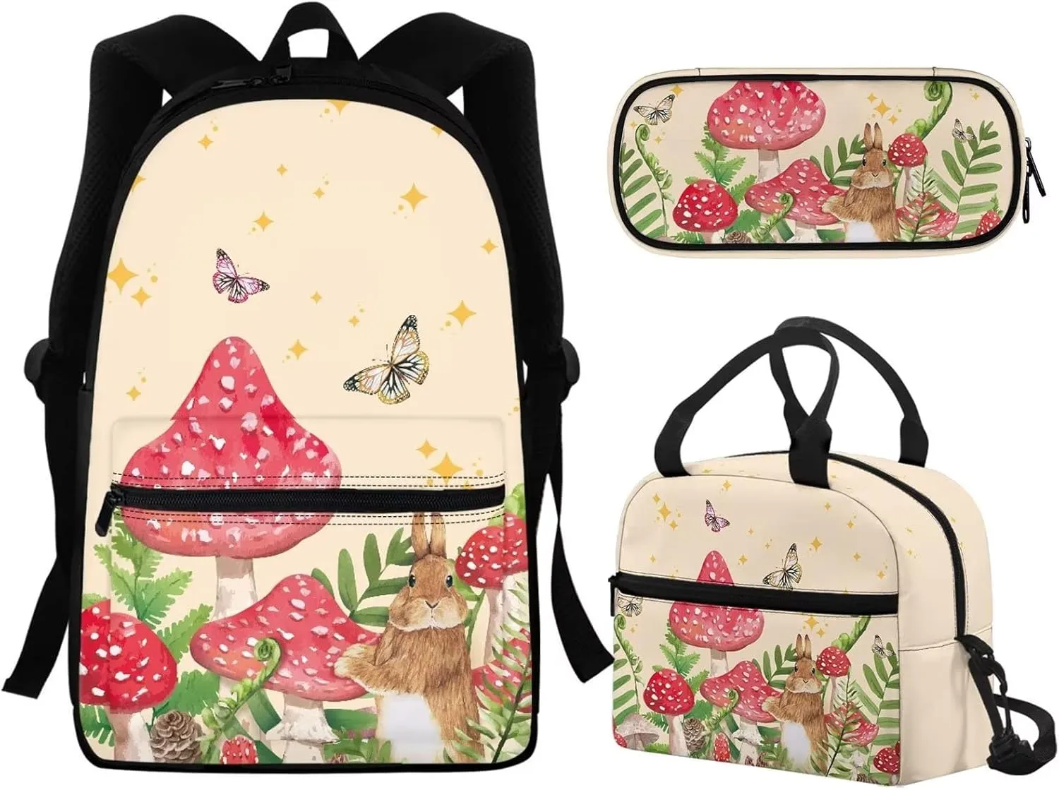 TODIYADDU Cute Mushroom Girls Backpack with Front Pocket Large Capacity School Bag for Textbooks Fashion Backpack Insulated Lunch Tote Bag Zipper Pencil Bag Purse Travel Shoulder Bag