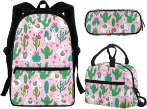 TODIYADDU Sheep Cactus Backpack 3-Piece Set Personalized School Bag for 5th Grade Girls Crossbody Leak-Proof Lunch Bag Insulated Eco-Friendly Food Case Multi-Layer Pencil Pouch