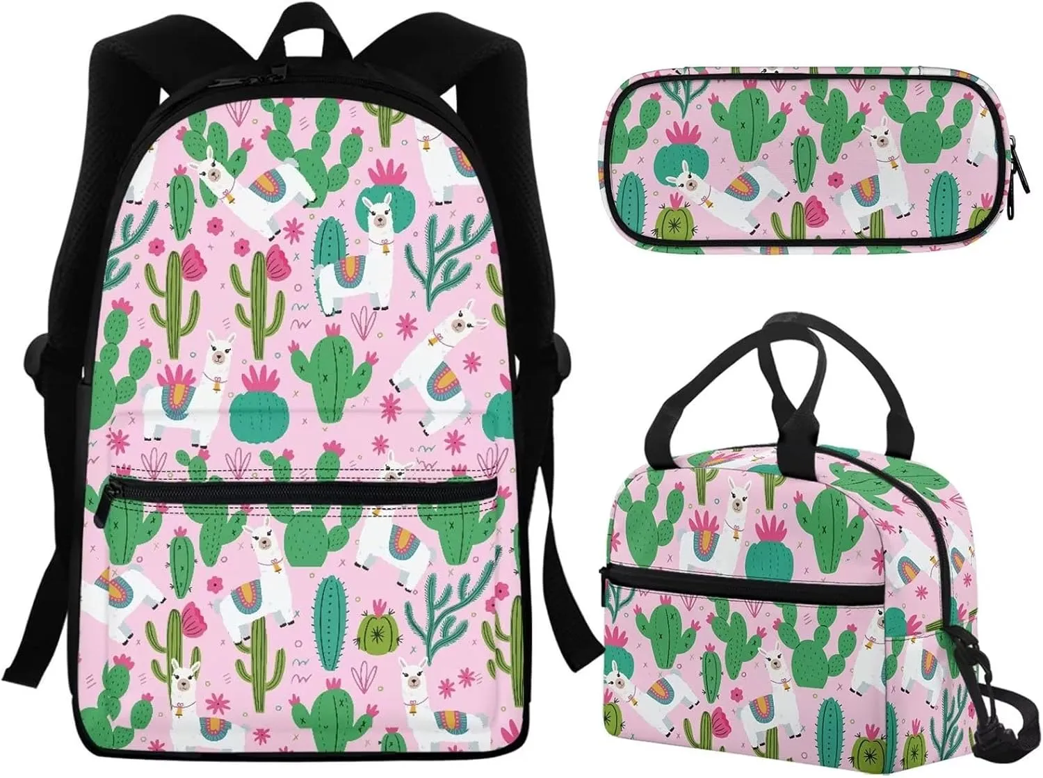 TODIYADDU Sheep Cactus Backpack 3-Piece Set Personalized School Bag for 5th Grade Girls Crossbody Leak-Proof Lunch Bag Insulated Eco-Friendly Food Case Multi-Layer Pencil Pouch