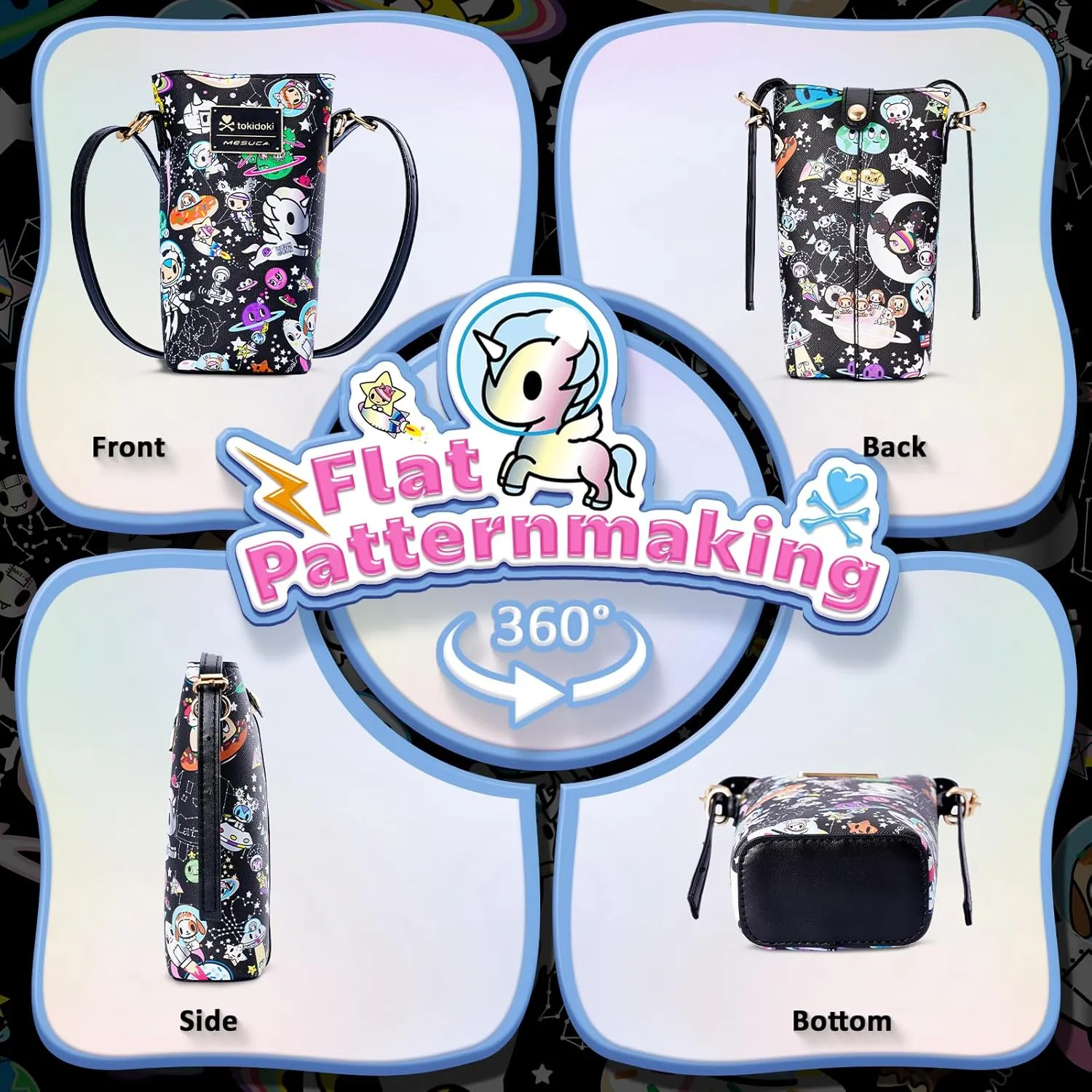 Tokidoki Official Licensed Leather Crossbody Bag with Adjustable Strap Phone Bag Shoulder Bag Coin Purses for Women (Black)