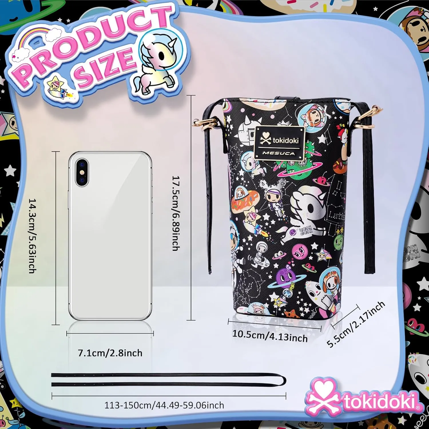 Tokidoki Official Licensed Leather Crossbody Bag with Adjustable Strap Phone Bag Shoulder Bag Coin Purses for Women (Black)