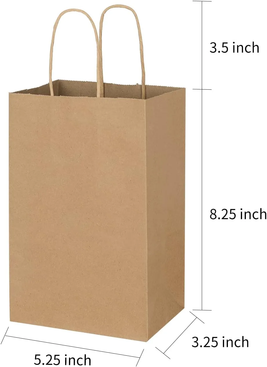 Toovip 100 Pack 5.25x3.25x8.25 Inch Small Plain Brown Kraft Paper Bags with Handles Bulk, Gift Bags for Favor Grocery Retail Party Birthday Shopping Business Goody Craft Merchandise Take Out Sacks