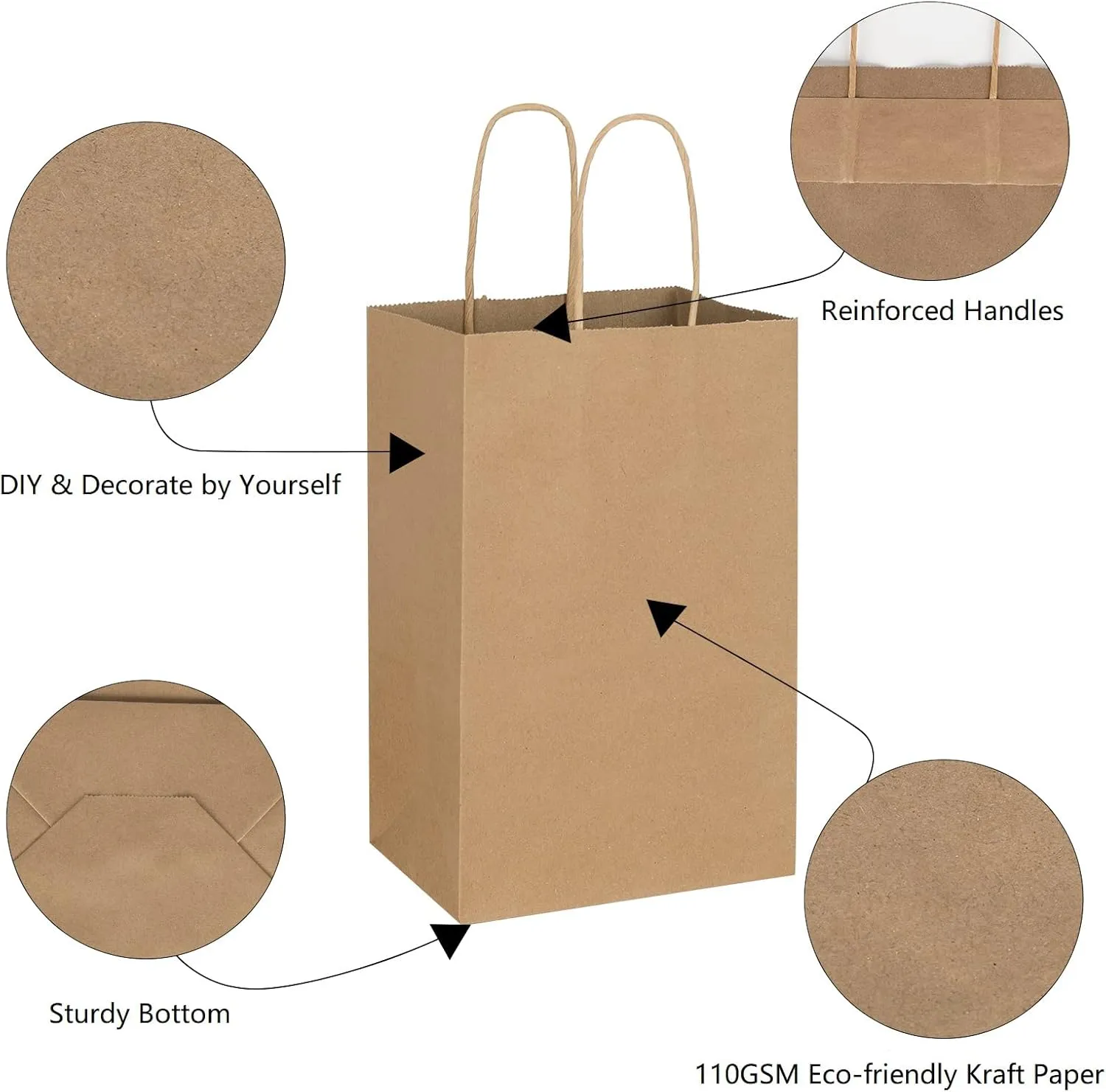 Toovip 100 Pack 5.25x3.25x8.25 Inch Small Plain Brown Kraft Paper Bags with Handles Bulk, Gift Bags for Favor Grocery Retail Party Birthday Shopping Business Goody Craft Merchandise Take Out Sacks