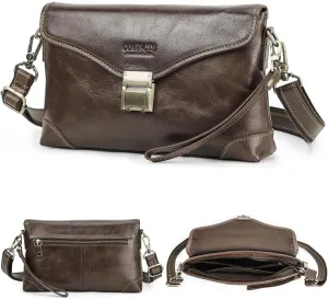 Top Grain Genuine Leather Handbag Wallet for Man & Woman, Handmade Retro Design, Combination Lock & Adjustable Shoulder Strap & Wristlet, Portable Handbag for Cards/Checks/Phone/Banknote, Dark Coffee