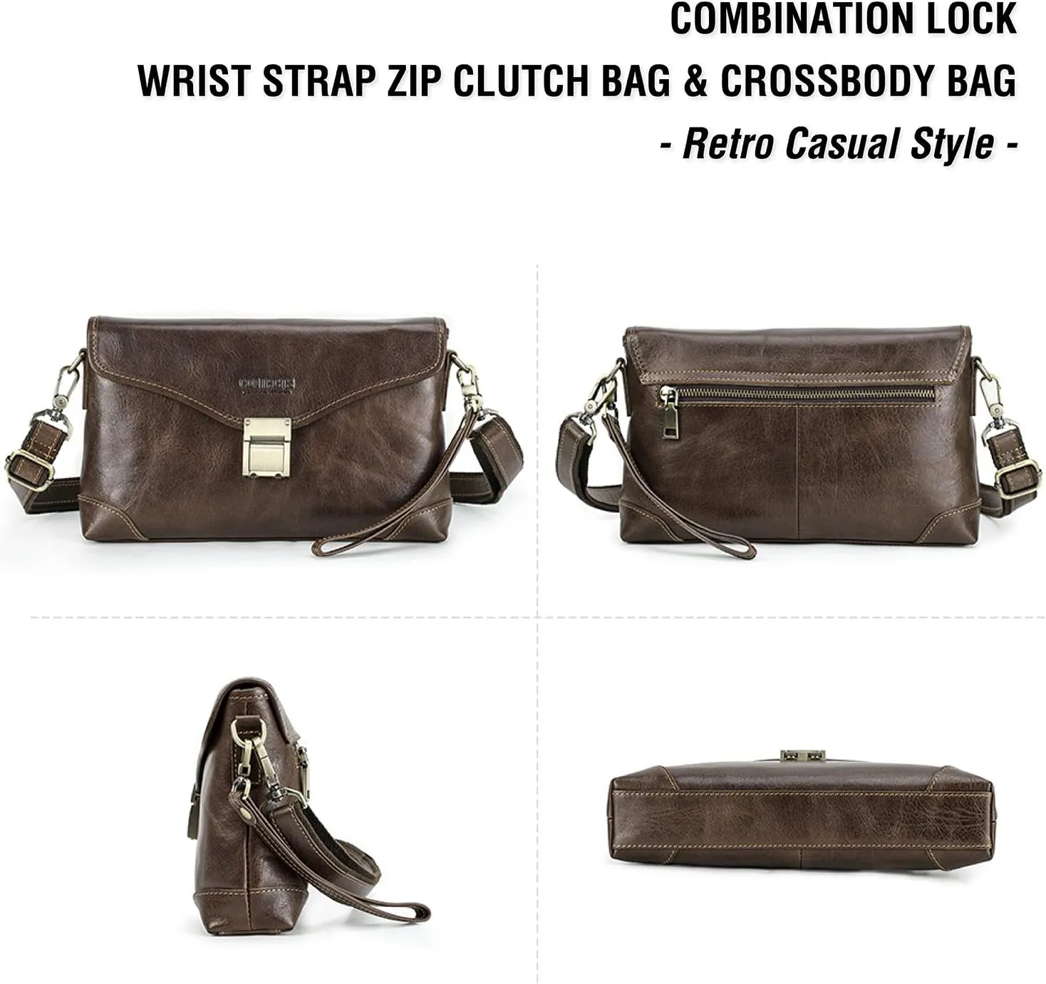 Top Grain Genuine Leather Handbag Wallet for Man & Woman, Handmade Retro Design, Combination Lock & Adjustable Shoulder Strap & Wristlet, Portable Handbag for Cards/Checks/Phone/Banknote, Dark Coffee