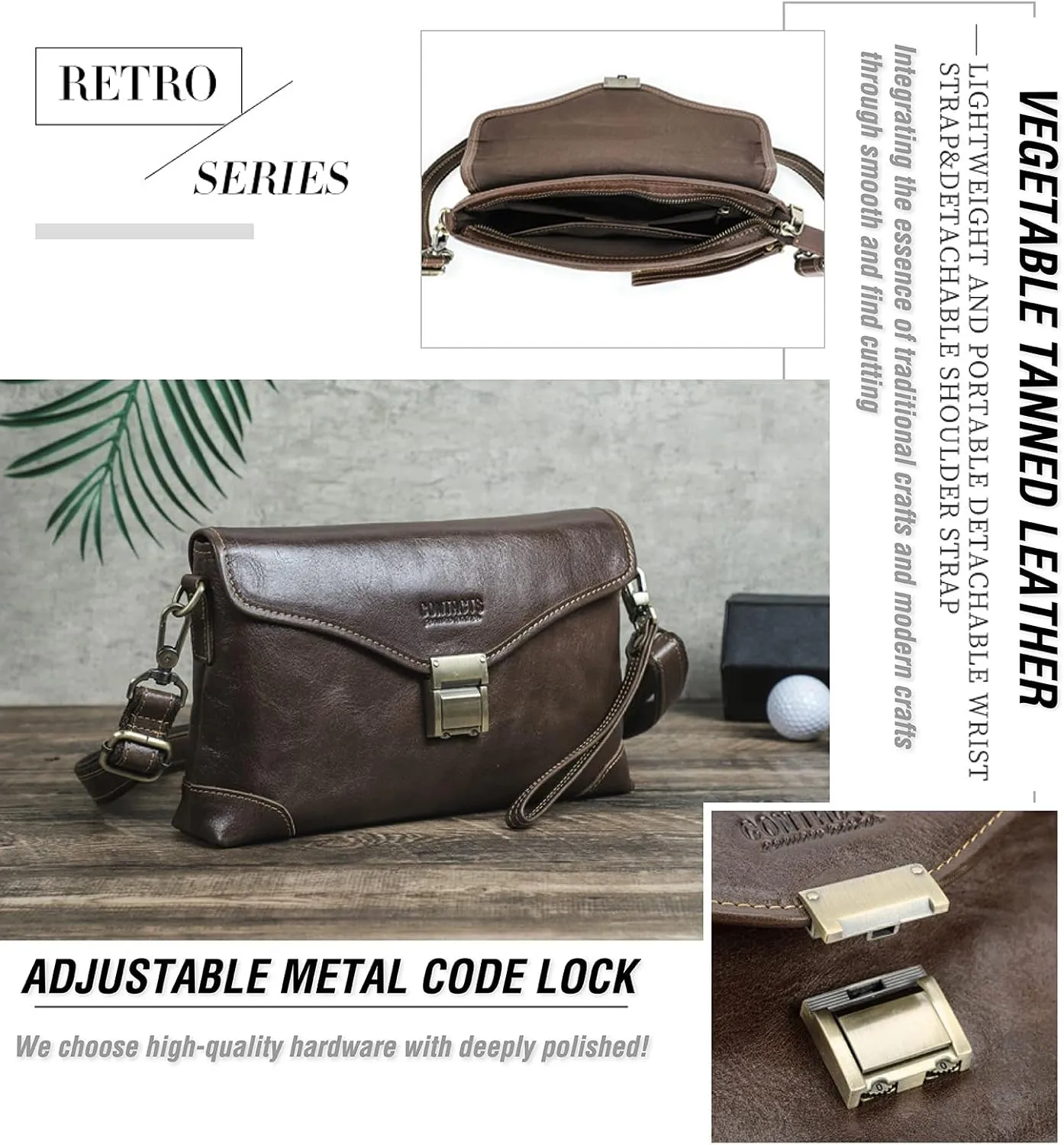 Top Grain Genuine Leather Handbag Wallet for Man & Woman, Handmade Retro Design, Combination Lock & Adjustable Shoulder Strap & Wristlet, Portable Handbag for Cards/Checks/Phone/Banknote, Dark Coffee