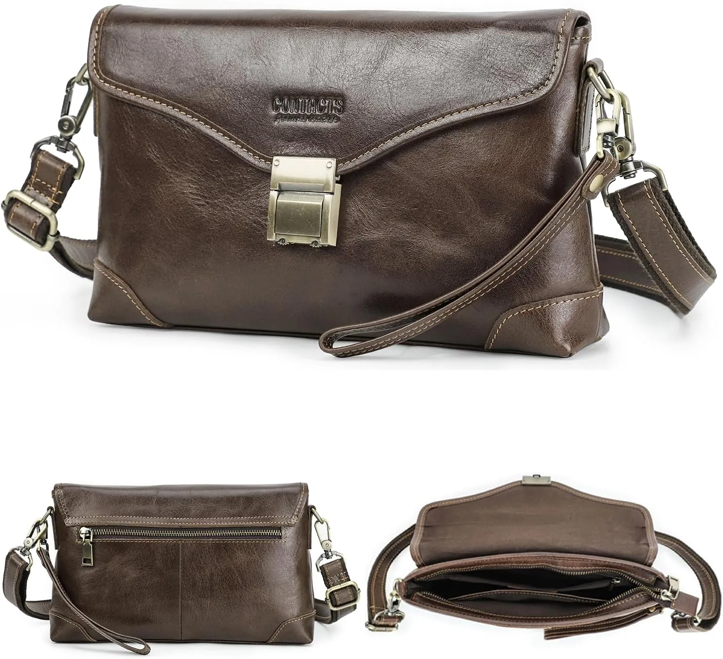Top Grain Genuine Leather Handbag Wallet for Man & Woman, Handmade Retro Design, Combination Lock & Adjustable Shoulder Strap & Wristlet, Portable Handbag for Cards/Checks/Phone/Banknote, Dark Coffee