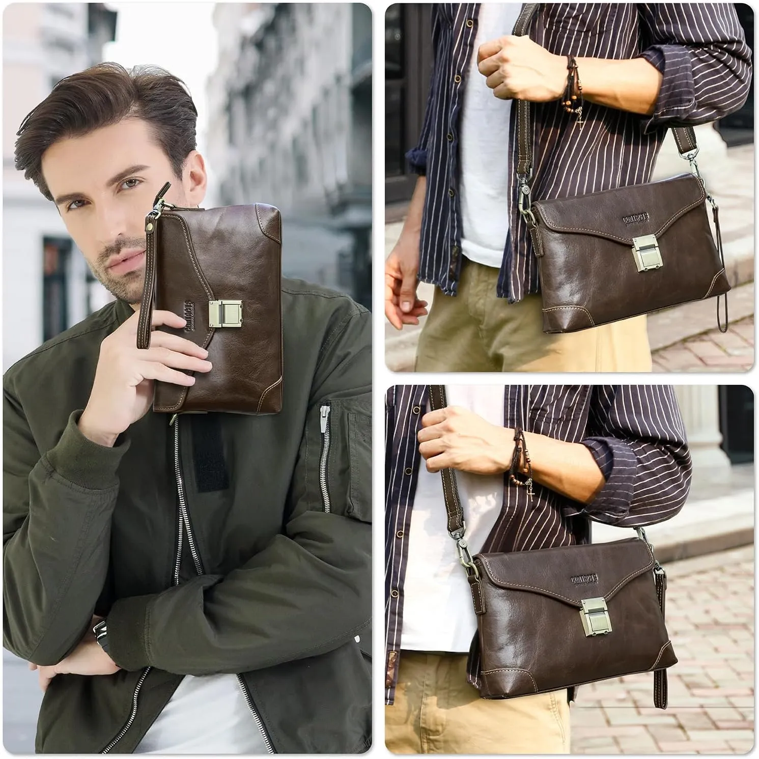 Top Grain Genuine Leather Handbag Wallet for Man & Woman, Handmade Retro Design, Combination Lock & Adjustable Shoulder Strap & Wristlet, Portable Handbag for Cards/Checks/Phone/Banknote, Dark Coffee