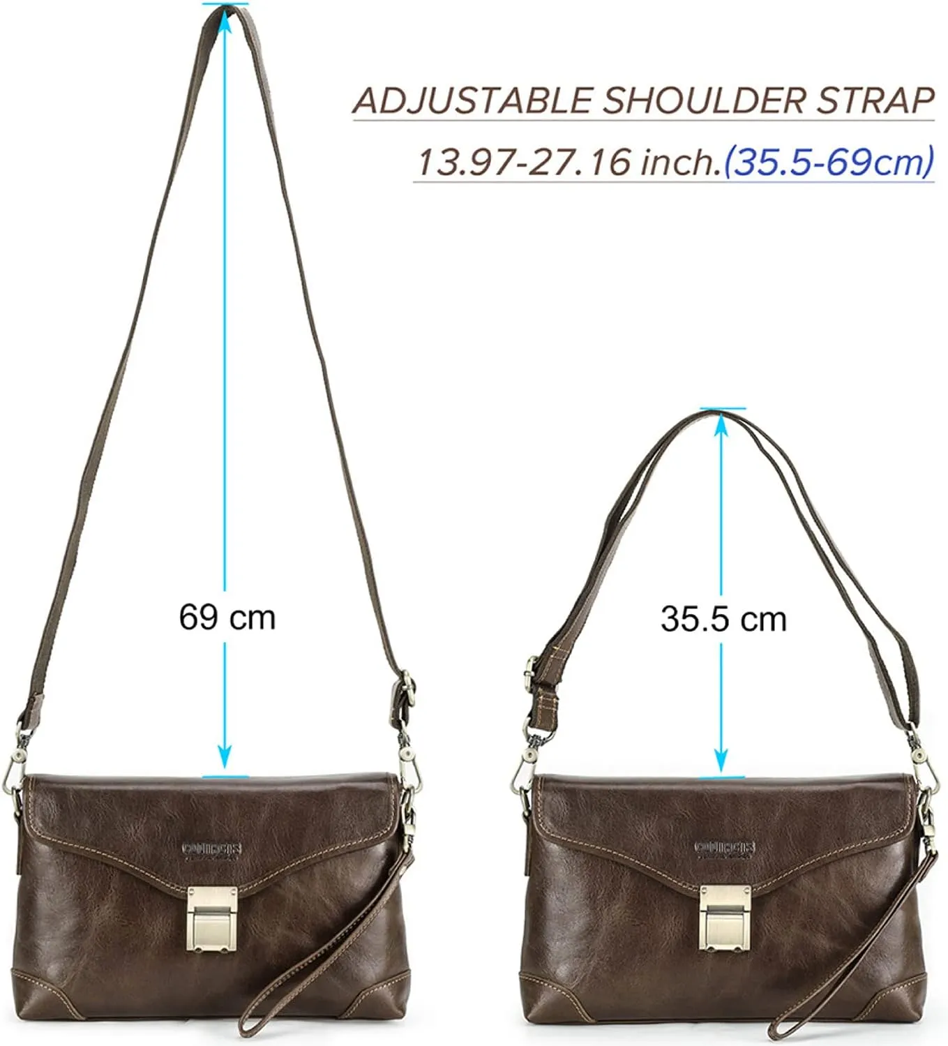 Top Grain Genuine Leather Handbag Wallet for Man & Woman, Handmade Retro Design, Combination Lock & Adjustable Shoulder Strap & Wristlet, Portable Handbag for Cards/Checks/Phone/Banknote, Dark Coffee