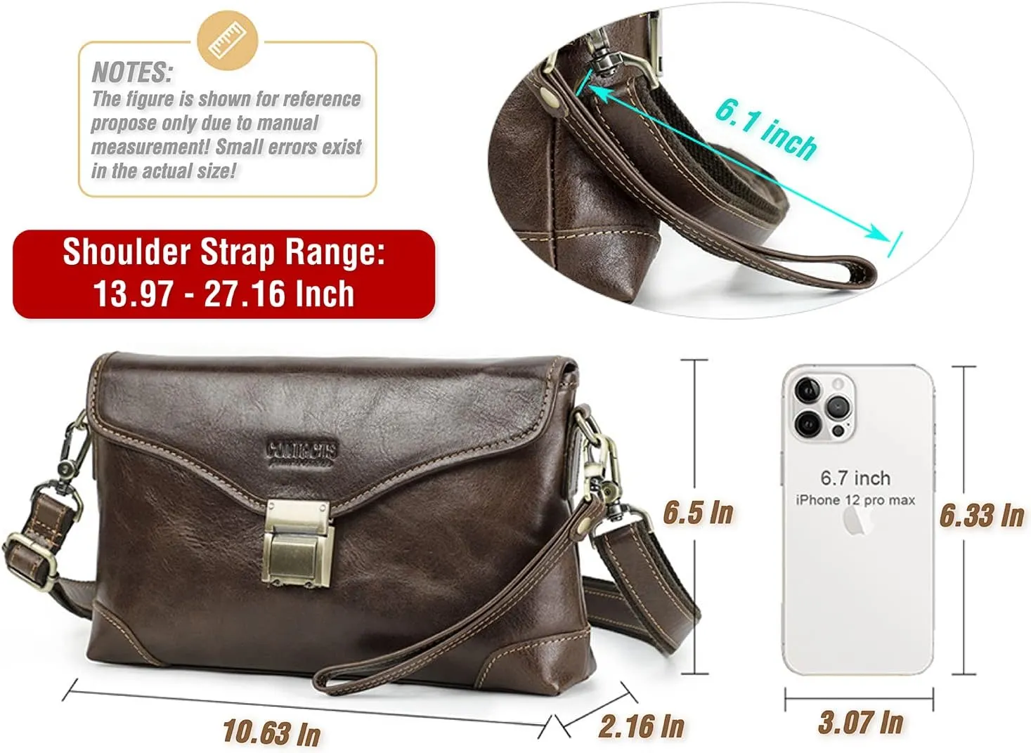 Top Grain Genuine Leather Handbag Wallet for Man & Woman, Handmade Retro Design, Combination Lock & Adjustable Shoulder Strap & Wristlet, Portable Handbag for Cards/Checks/Phone/Banknote, Dark Coffee