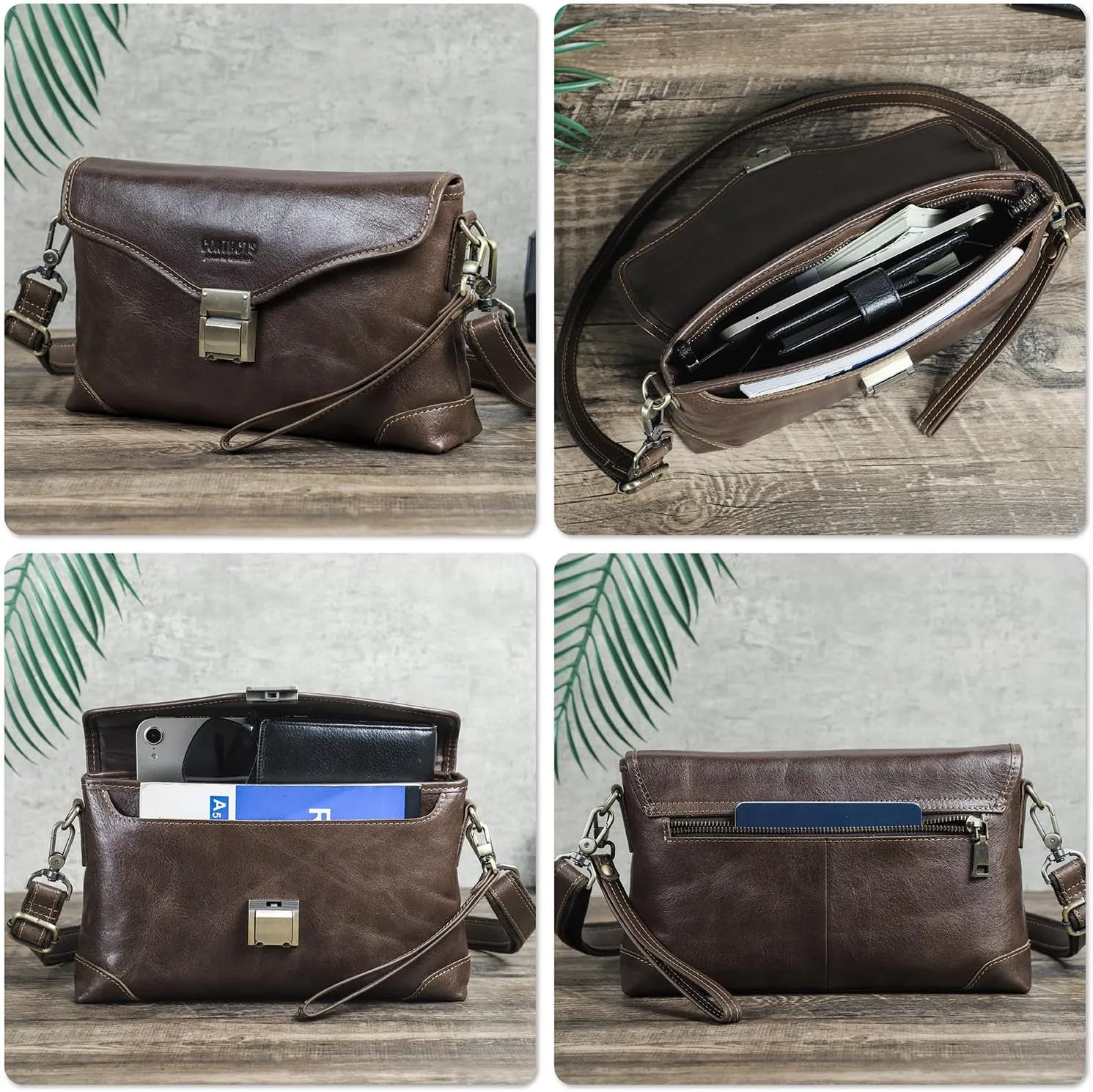Top Grain Genuine Leather Handbag Wallet for Man & Woman, Handmade Retro Design, Combination Lock & Adjustable Shoulder Strap & Wristlet, Portable Handbag for Cards/Checks/Phone/Banknote, Dark Coffee