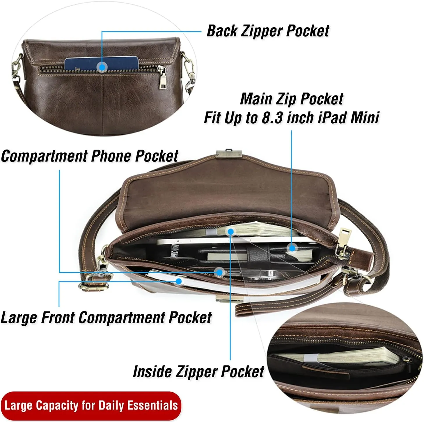 Top Grain Genuine Leather Handbag Wallet for Man & Woman, Handmade Retro Design, Combination Lock & Adjustable Shoulder Strap & Wristlet, Portable Handbag for Cards/Checks/Phone/Banknote, Dark Coffee