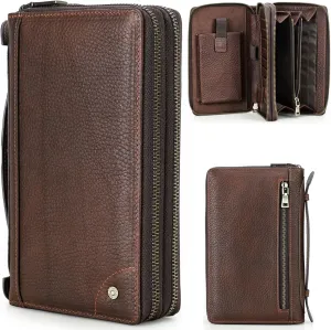 Top Grain Genuine Leather Zipper Clutch Wallet for Man & Woman, Handmade Vintage Design, Multi Slots & Side Pocket & Strap, RFID Large Capacity for Cards/Checks/Passports/Phone/Pen/AirTag, Red Coffee