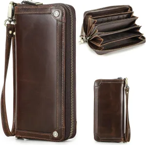 Top Grain Genuine Oiled Leather Clutch Wallet for Man & Woman, Handmade Vintage Design, Multi Pockets & Slots & Detachable Wristlets, RFID Large Capacity for Cards/Checks/Money/Passport, Red Coffee