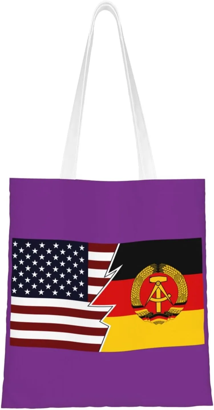 Torn Style Us And East Germany Flags Tote Bag for Women Canvas Shopping Bags Reusable Large Capacity Casual Shoulder Handbags Grocery Bags DIY Gift Bags