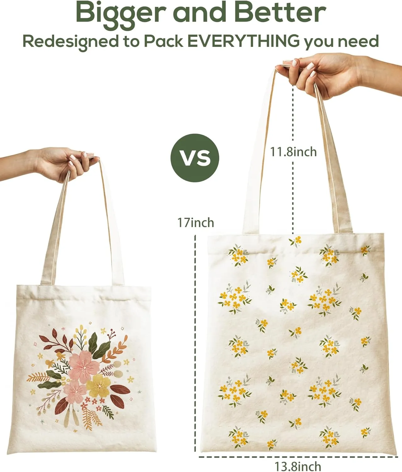Tote Bag for Women, Large Two Sided Printing Tote Bags with Zipper, Cute Aesthetic Floral Canvas Tote with Pocket