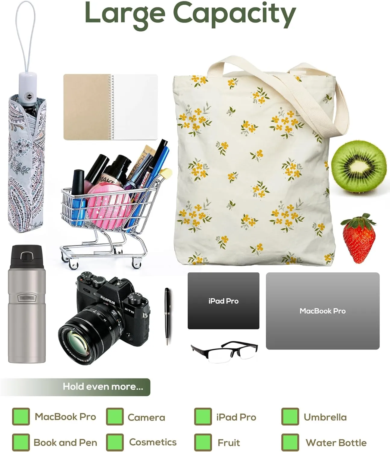 Tote Bag for Women, Large Two Sided Printing Tote Bags with Zipper, Cute Aesthetic Floral Canvas Tote with Pocket