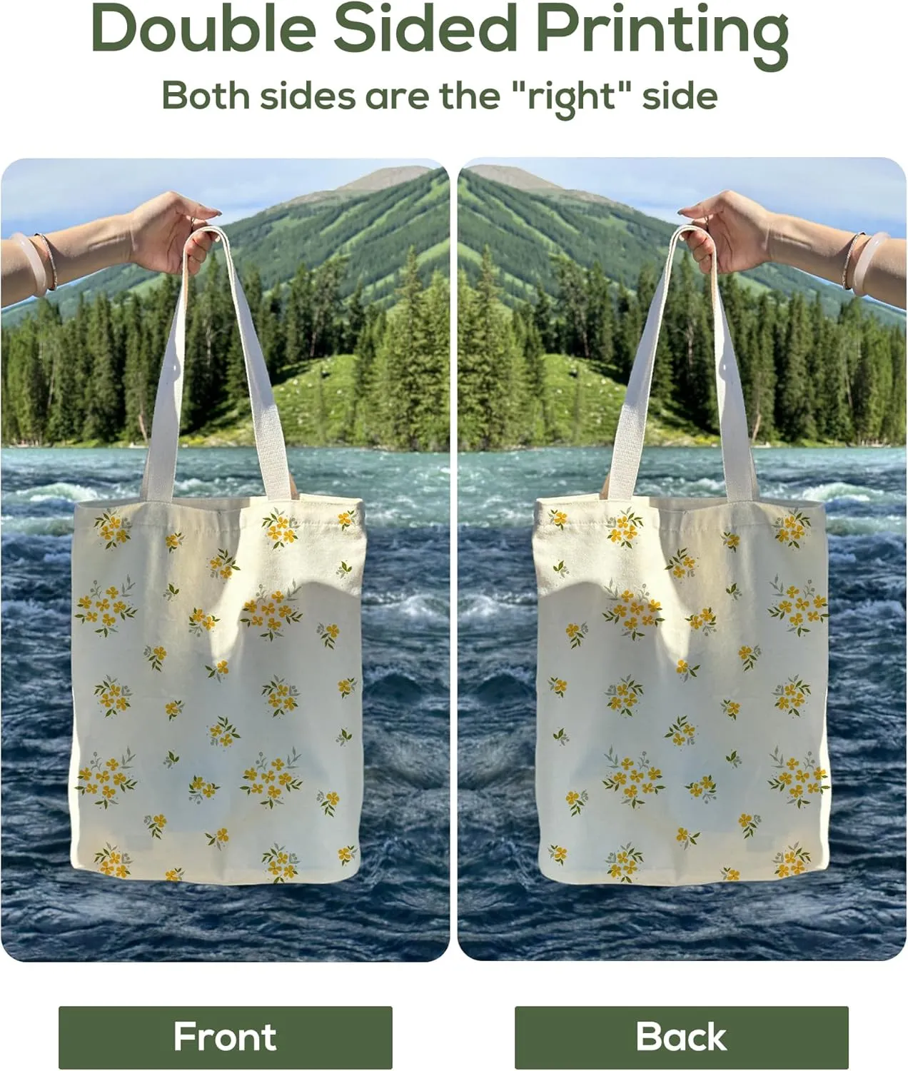Tote Bag for Women, Large Two Sided Printing Tote Bags with Zipper, Cute Aesthetic Floral Canvas Tote with Pocket