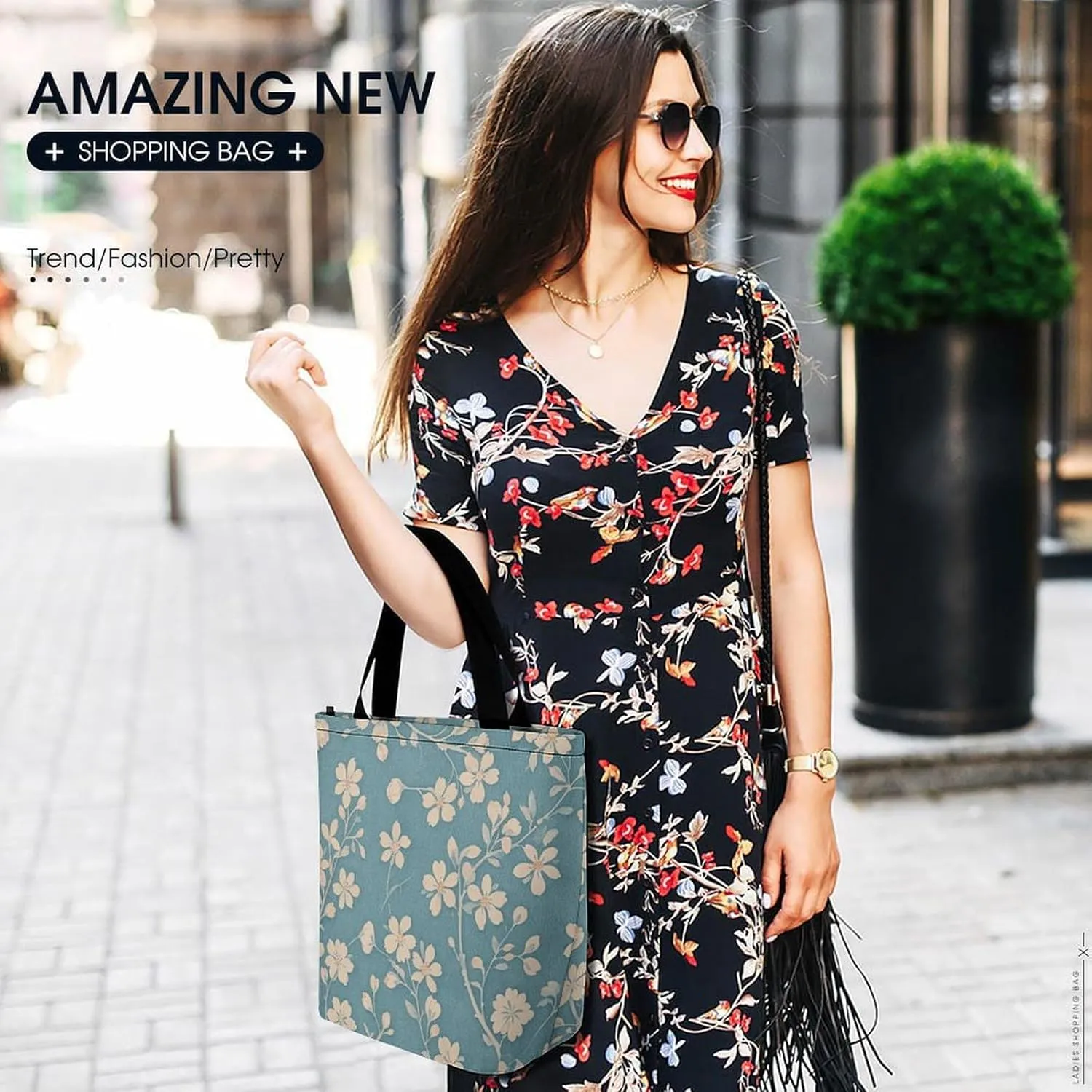 Tote Bag Reusable Grocery Bag Foldable Shopping Bag Extra Large Shoulder Bag Floral Pattern Tote Bag for Travel Work