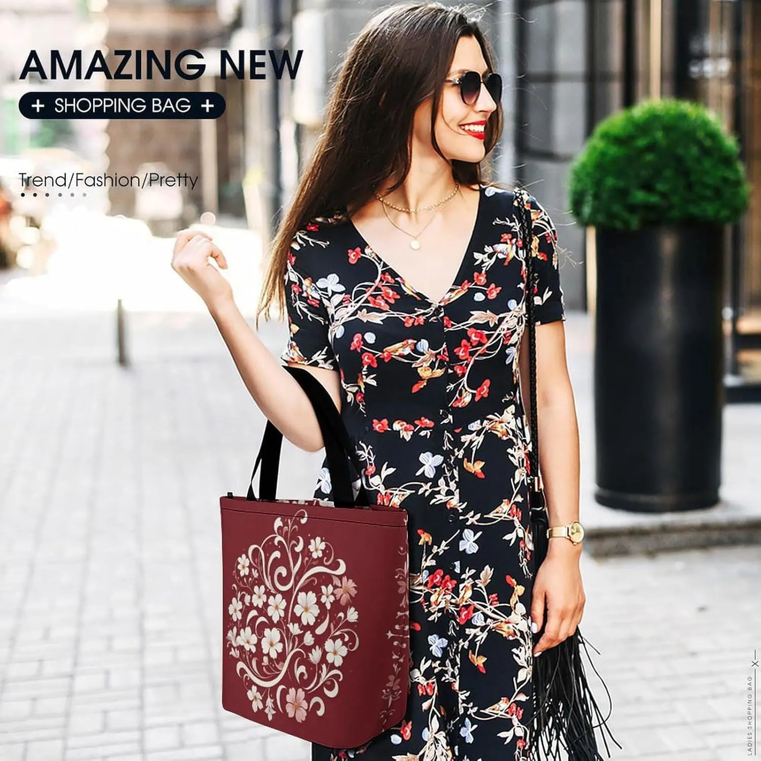 Tote Bag Reusable Grocery Bag Foldable Shopping Bag Extra Large Shoulder Bag Floral Pattern Tote Bag for Travel Work