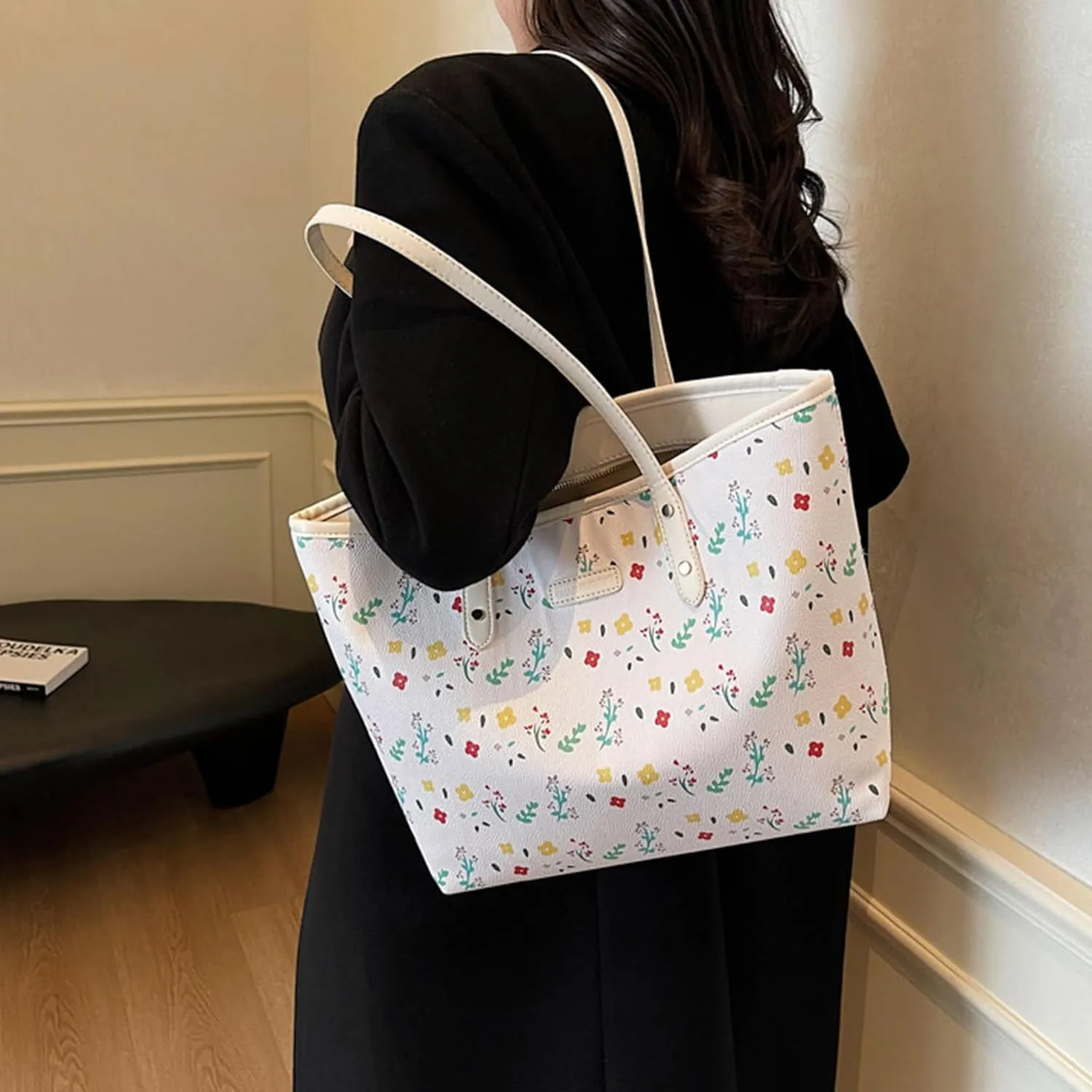 Tote Bags for Women Faux Leather Cherry Print Shoulder Bag Cute Floral Purse Trendy Tote Handbags for Travel Work