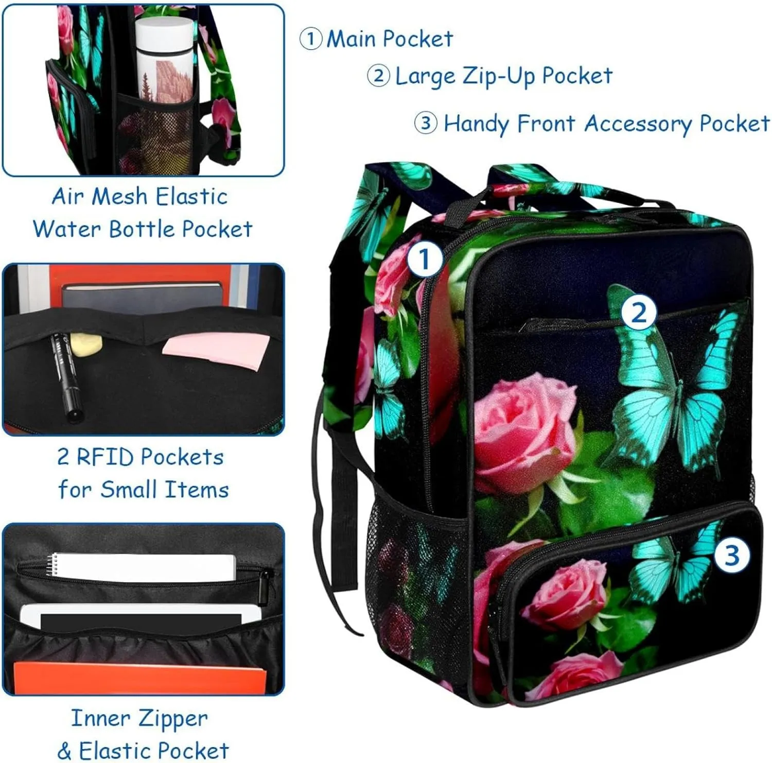 Travel Backpacks for Women,Mens Backpack,Butterfly and Rose,Backpack